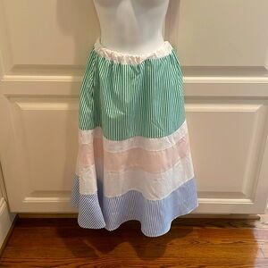 English Factory Green, Pink, Blue, and White Striped Midi Skirt